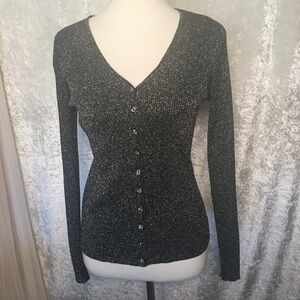 Petite Sophisticate Charcoal Grey Silver Silk Blend Cardigan Sweater Size P